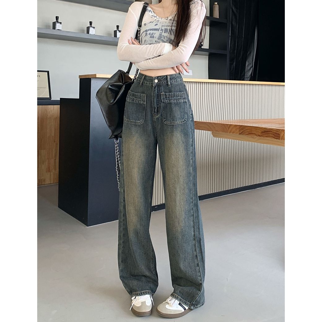 百搭流行復古垂感牛仔褲女秋季高腰辣妹寬鬆直筒拖地闊腿長褲子