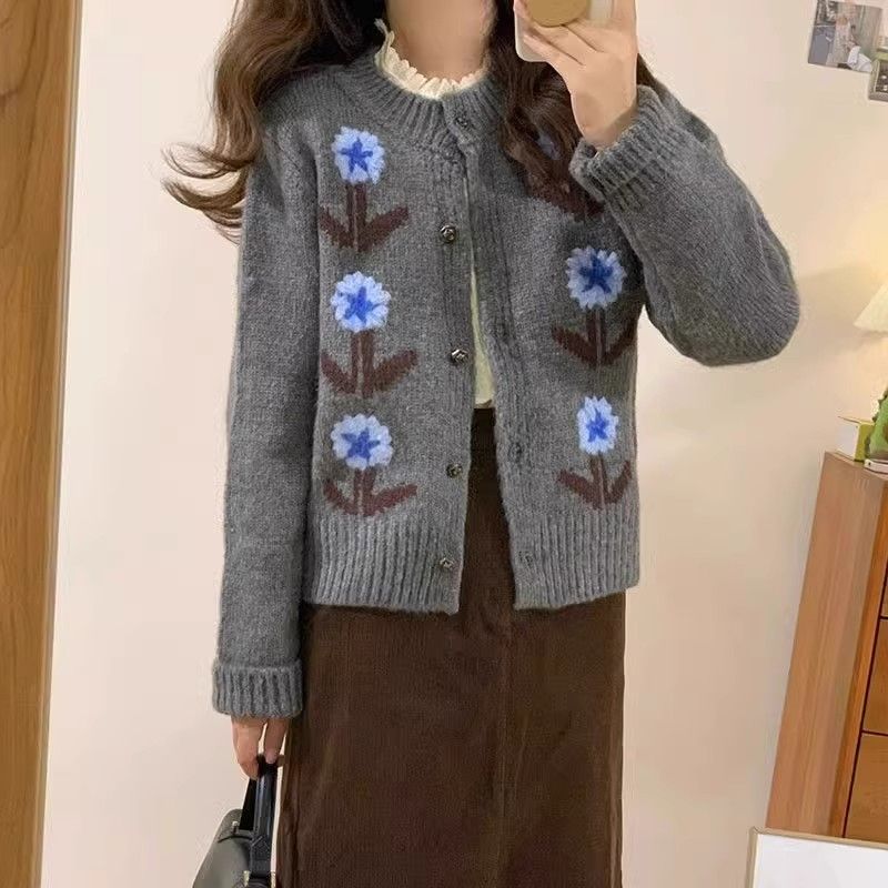 Japanese retro gray floral sweater cardigan for women  autumn new hot style lazy style knitted jacket top