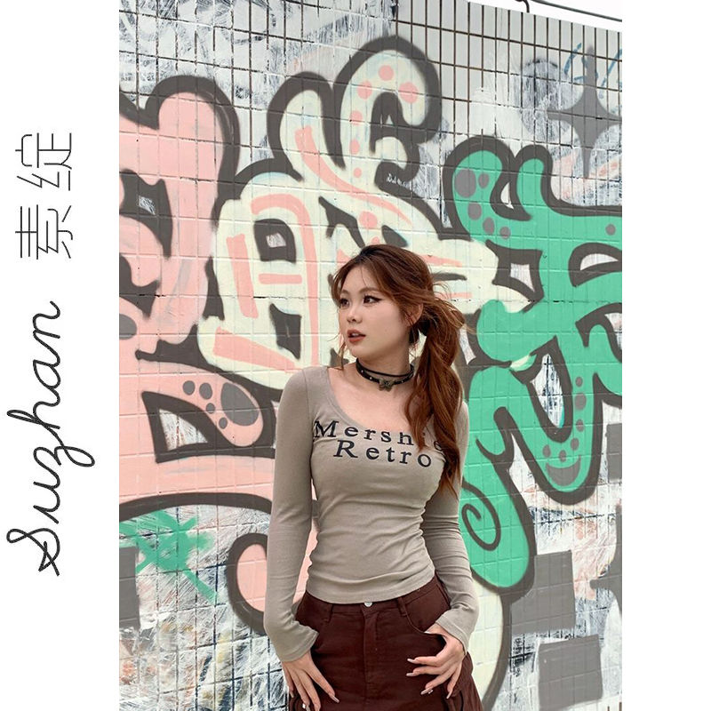 ins氣質甜美字母印花圓領上衣女韓版百搭修身顯瘦內搭打底長袖t恤