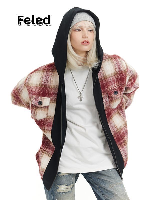 Feila Denton Maillard contrasting color stitching fake two-piece plaid cardigan coat for men and women new loose jacket top