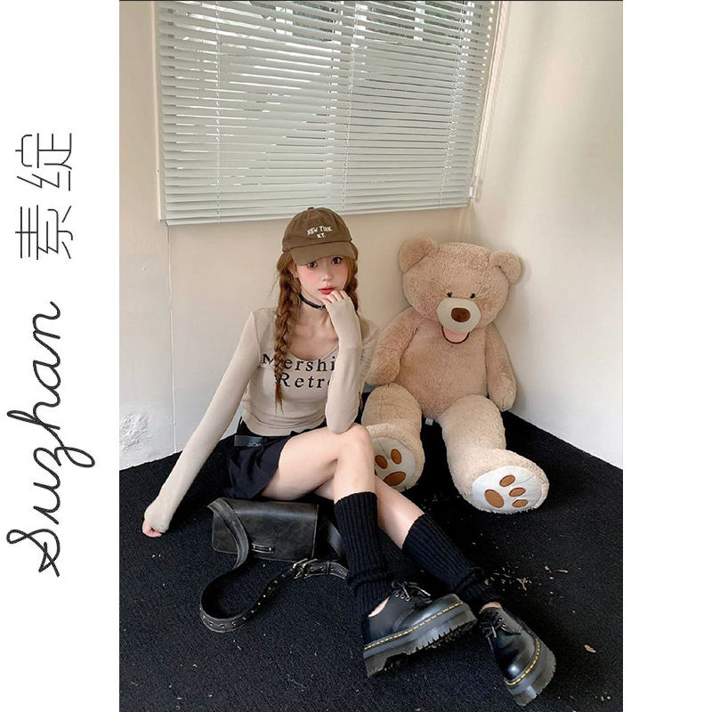 小眾氣質內搭修身顯瘦字母印花上衣女秋季薄款莫代爾圓領長袖t恤