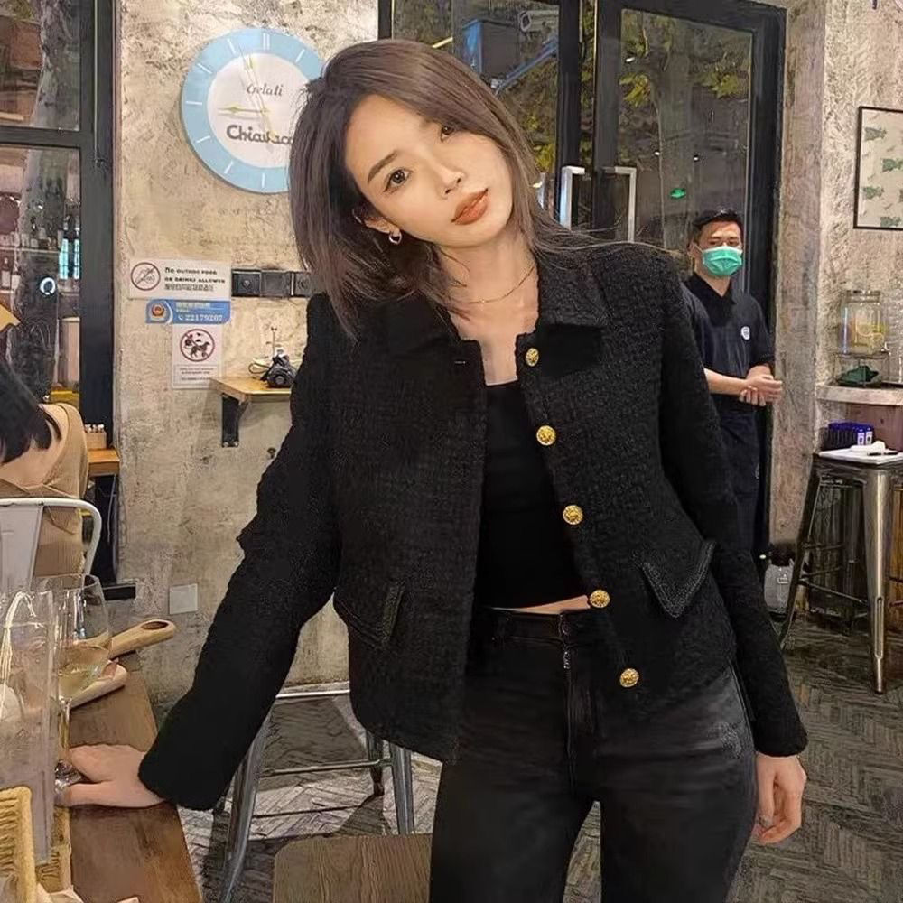 Autumn and winter black retro small fragrant style short coat for women  tweed little man fried street Hong Kong style jacket top