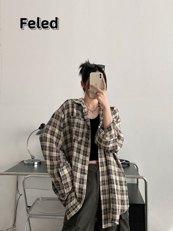 飛拉丹頓美式復古洗舊感格紋襯衫男女寬鬆顯瘦設計感百搭小眾上衣