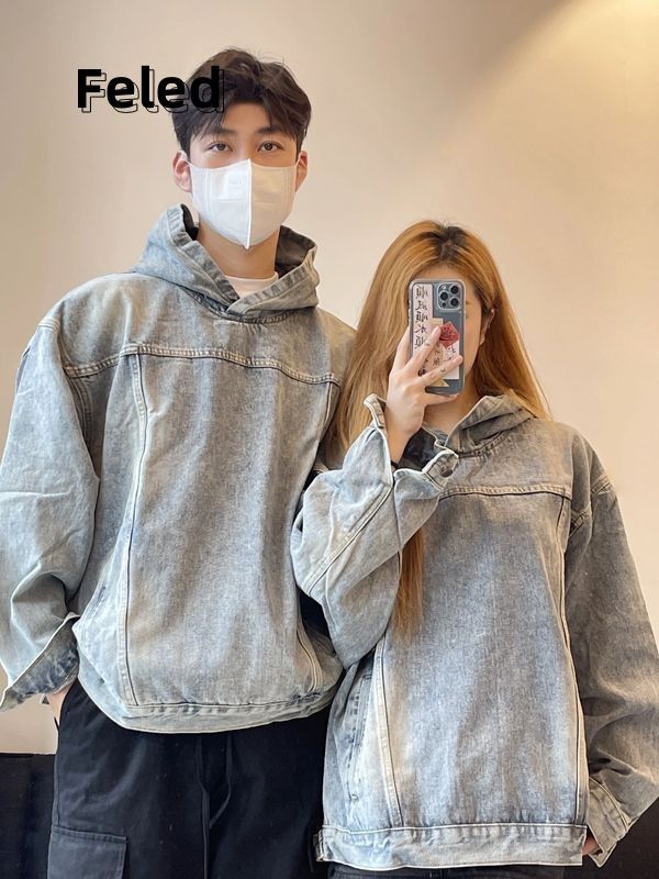 飛拉丹頓美式新款水洗復古情侶牛仔做舊衛衣男女連帽寬鬆顯瘦上衣