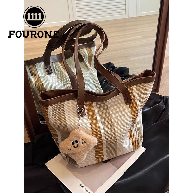 Large-capacity canvas bag women's fashion striped hand shoulder bag versatile work commuting tote bag