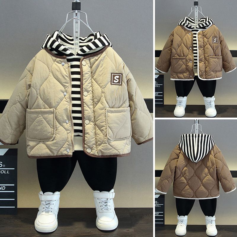童装男童冬装套装2023冬季儿童棉服小童男孩宝宝加绒棉衣三件套