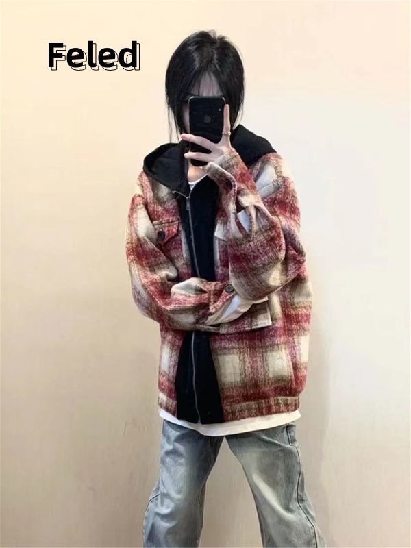 Feila Denton street casual red plaid cardigan jacket for men and women American retro loose hooded jacket top