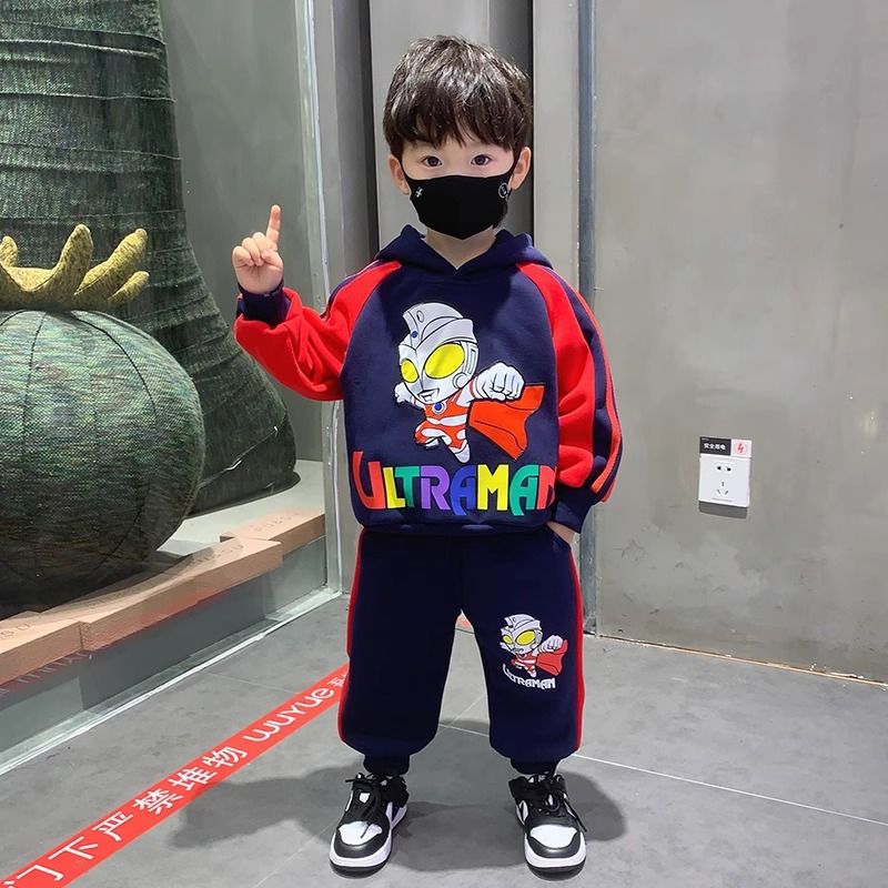 Ultraman clothes, boys' sweatshirt suit, handsome and fashionable baby and children's autumn and winter clothing, sports plus velvet and thickening trend