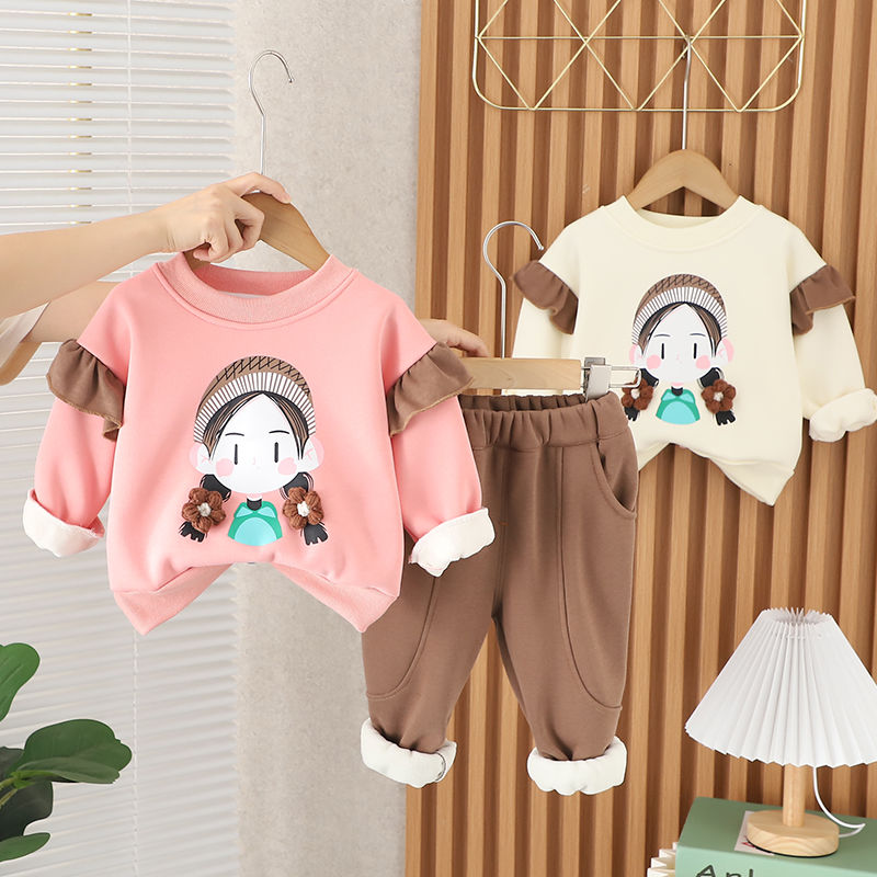 Girls' velvet cartoon suit 2023 autumn and winter new style children's and baby girl's fashionable one-piece velvet sweatshirt two-piece set