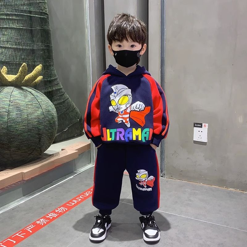 Ultraman clothes, boys' sweatshirt suit, handsome and fashionable baby and children's autumn and winter clothing, sports plus velvet and thickening trend