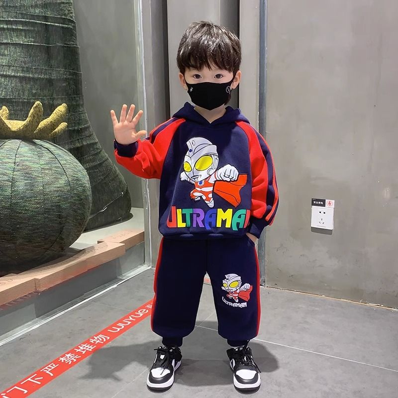 Ultraman clothes, boys' sweatshirt suit, handsome and fashionable baby and children's autumn and winter clothing, sports plus velvet and thickening trend