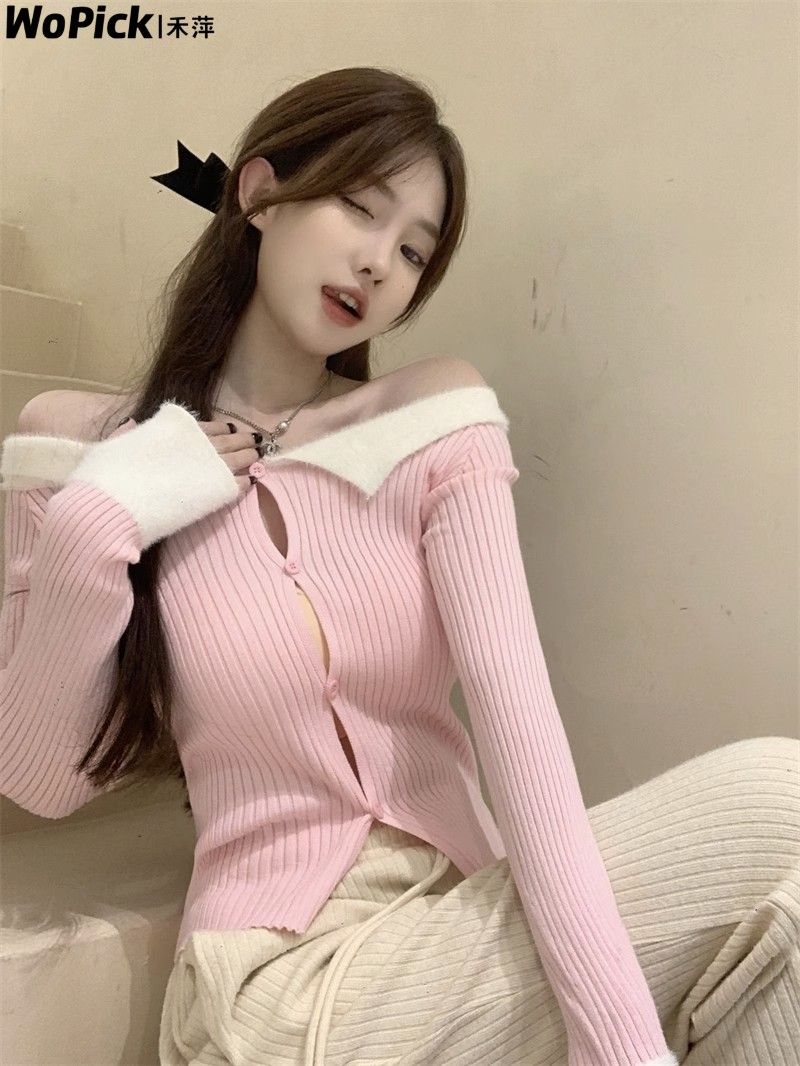純欲辣妹性感一字肩上衣女秋冬開衫設計感小眾獨特别致打底衫內搭