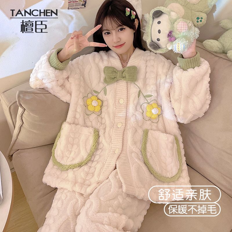 2023新款冬季睡衣女珊瑚絨加厚甜美套裝冬天保暖學生可外穿家居服