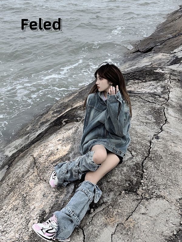 Feila Denton American retro couple wear hooded denim sweatshirt for men and women loose versatile pullover jacket trendy top