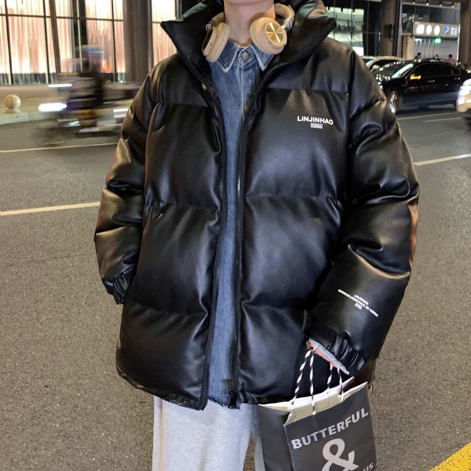 冬季美式pu皮羽絨服男士加厚情侶韓版ins潮流立領麵包服寬鬆外套