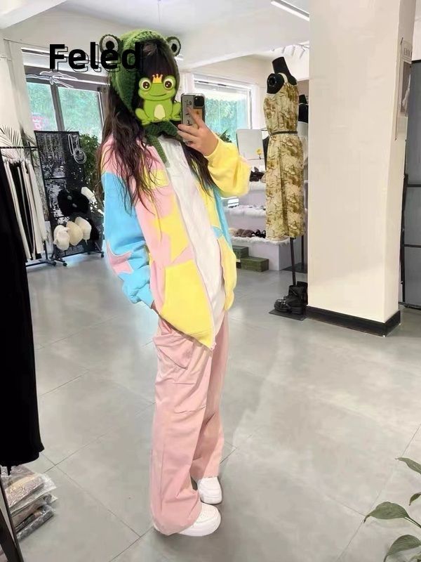 飛拉丹頓美式復古多巴胺星星連帽開衫衛衣男女休閒寬鬆小眾潮上衣