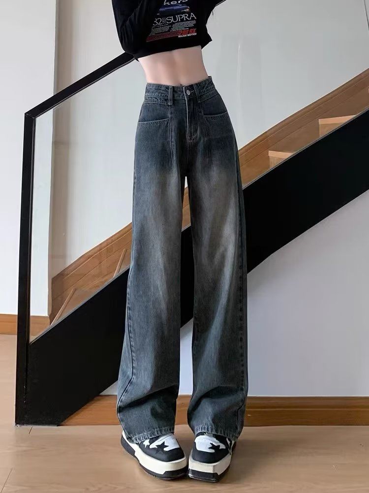 復古闊腿牛仔褲女2023年秋季新款寬鬆顯瘦高腰垂感百搭直筒拖地褲
