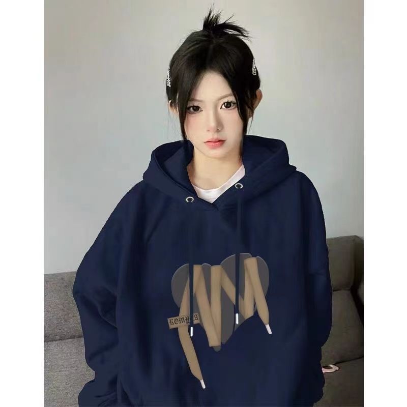 美式復古藏青色衛衣女chic港風加絨加厚印花oversize長袖外套上衣