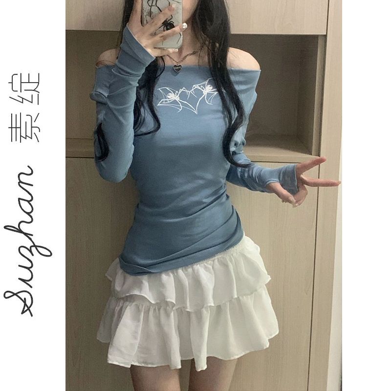法式氣質內搭印花修身顯瘦上衣女純欲風一字肩莫代爾薄款內搭長袖