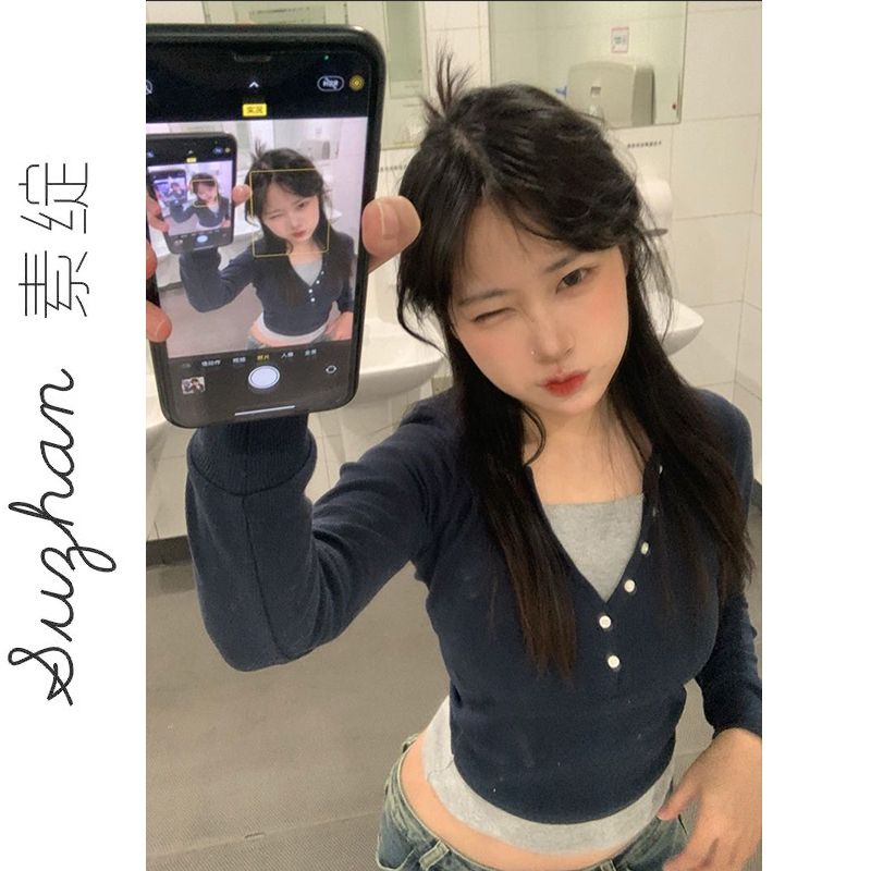 甜辣妹新款撞色拼接打底衫上衣t恤女鹽系女生穿搭V領假兩件長袖潮