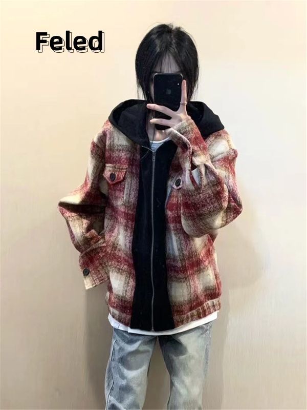 Feila Denton street casual red plaid cardigan jacket for men and women American retro loose hooded jacket top