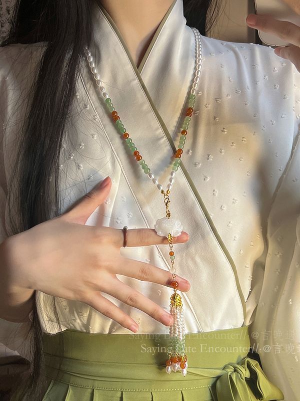 古風明制壓襟蓮花項鍊新中式長流蘇背雲軟瓔珞國風漢服馬面裙配飾