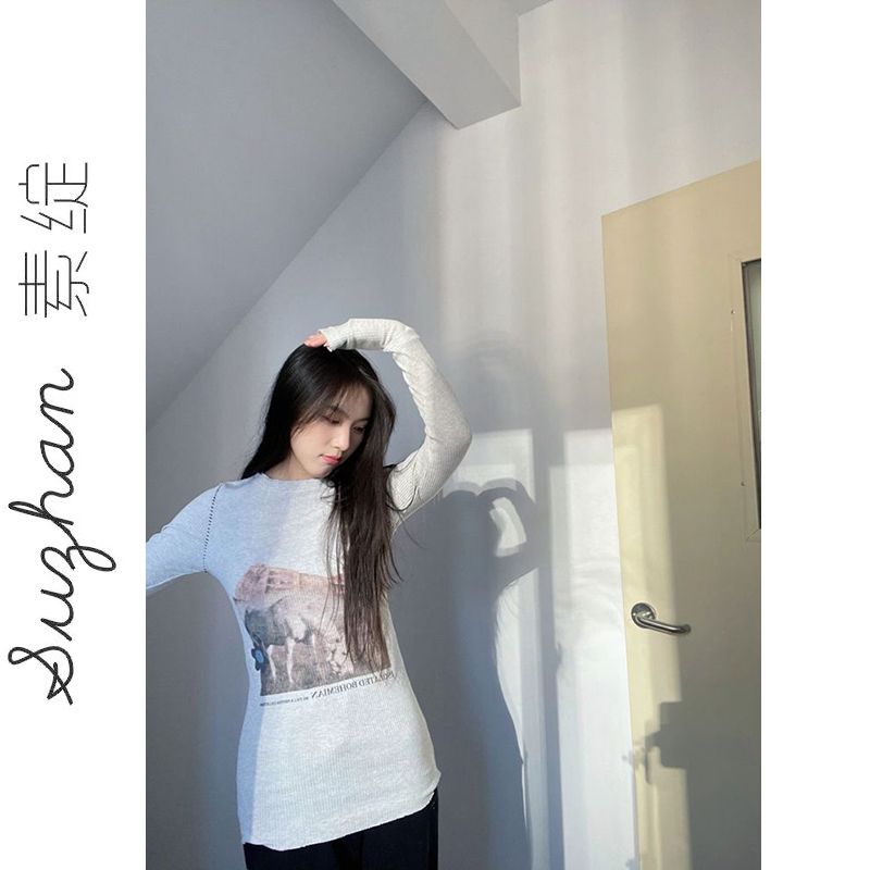 小眾設計感修身顯瘦打底衫螺紋上衣女秋季時尚圓領百搭長袖t恤ins