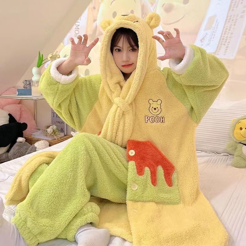 加絨加厚珊瑚絨睡衣睡袍女兩件套冬季可愛甜美學生宿舍家居服外穿