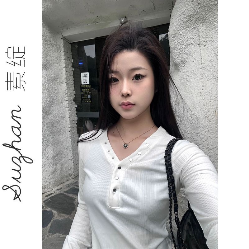簡約設計感V領不規則純色上衣女美式正肩修身顯瘦打底衫長袖t恤潮