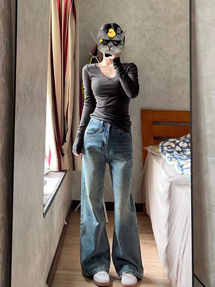 美式正肩v領長袖t恤女春秋冬內搭打底衫修身顯瘦辣妹短款緊身上衣