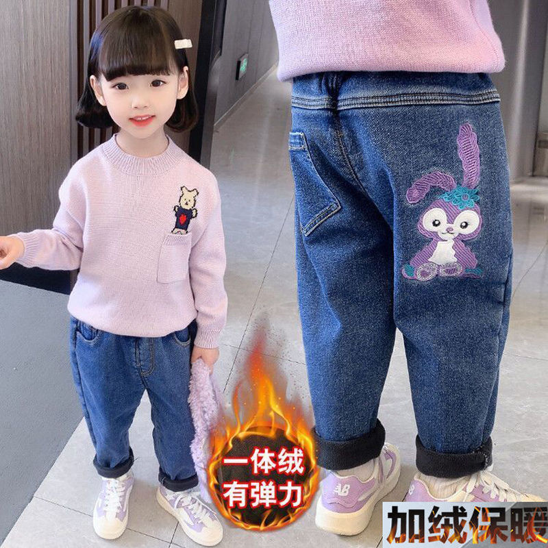 Girls' velvet pants, children's clothing, children's autumn and winter new all-in-one velvet jeans, baby's winter thickened outer trousers