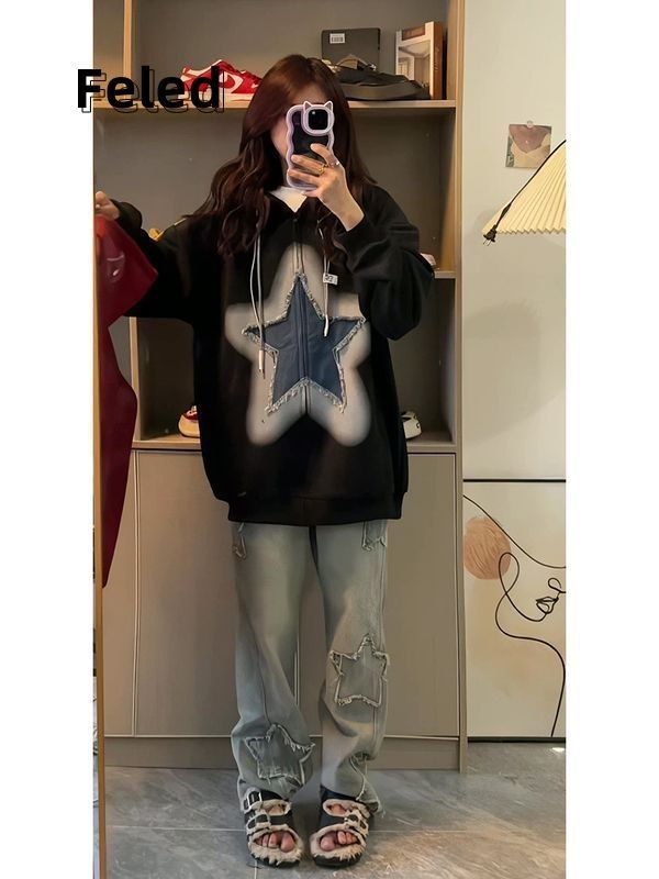 Feira Denton American style versatile design star patch hooded sweatshirt for men and women versatile loose couple trendy top