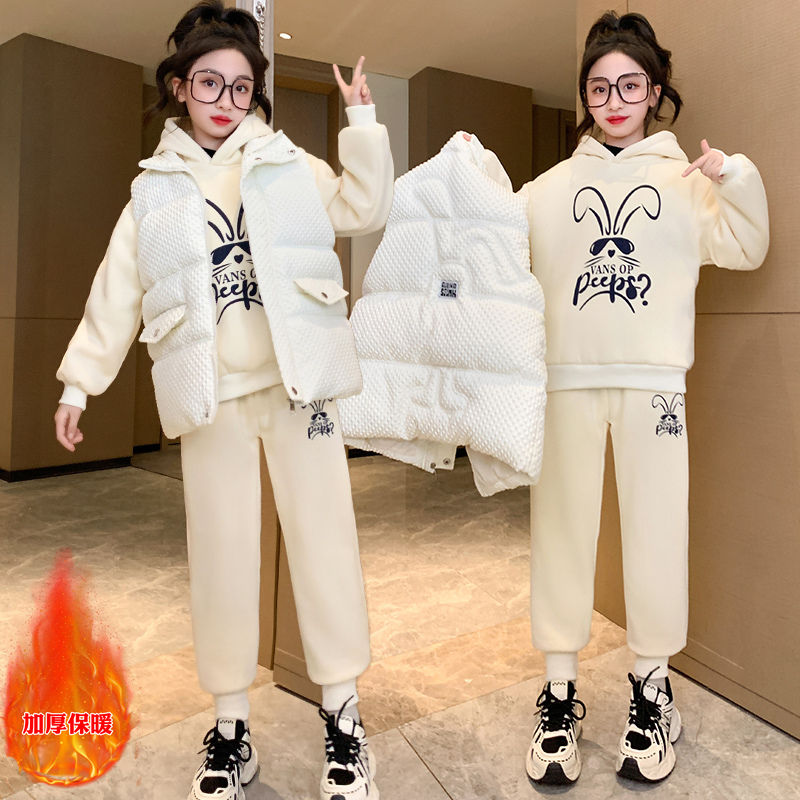 Girls' Autumn and Winter Sweater Sets New Fashionable Girls' Winter Thickened Vests for Big Children's Sports Three-piece Trendy Sets