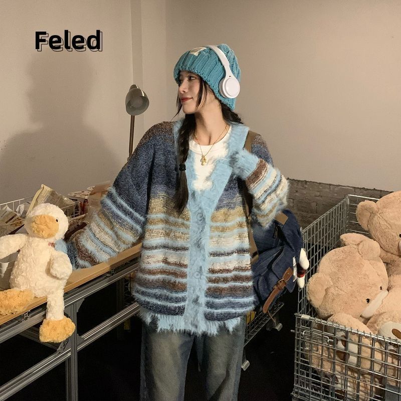 Feira Denton Maillard contrast color striped knitted cardigan sweater for men and women autumn new American casual trendy top