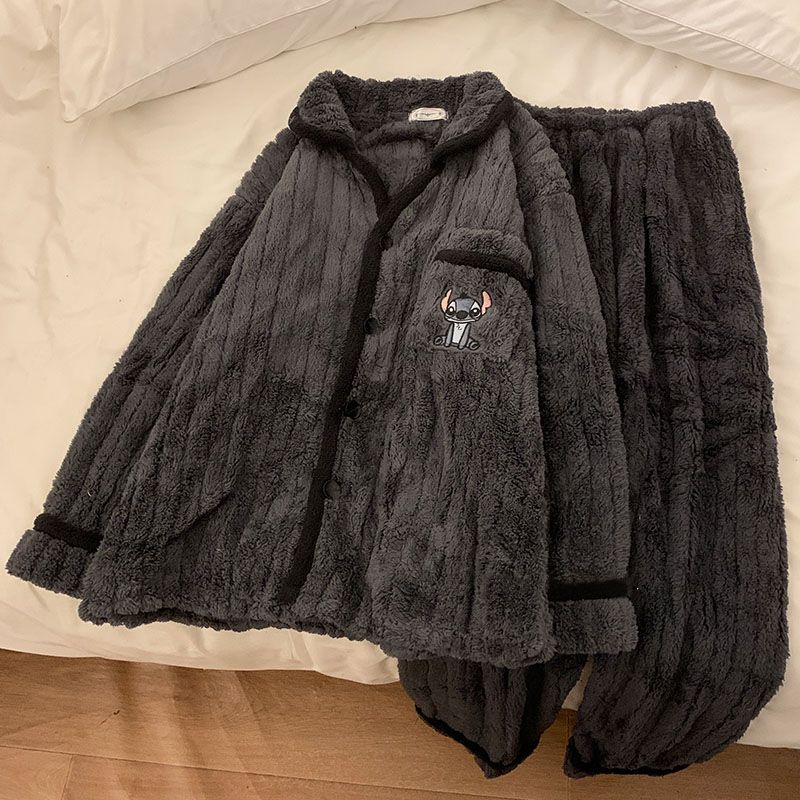 Couple pajamas for women and men in autumn and winter plus velvet and thickened coral velvet 2023 new high-end flannel home clothes