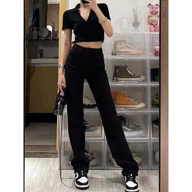黑色高腰直筒牛仔褲女秋冬2023新款小個子垂感顯瘦窄版煙管褲加長