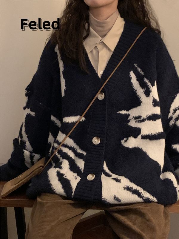 飛拉丹頓秋冬新款寬鬆美式復古設計感開衫針織毛衣男女百搭潮外套