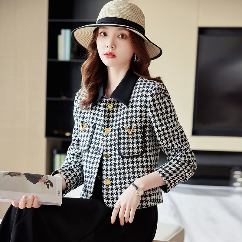 Houndstooth design small fragrant style jacket for women autumn 2023 new fashion high-end black and white checkered short top