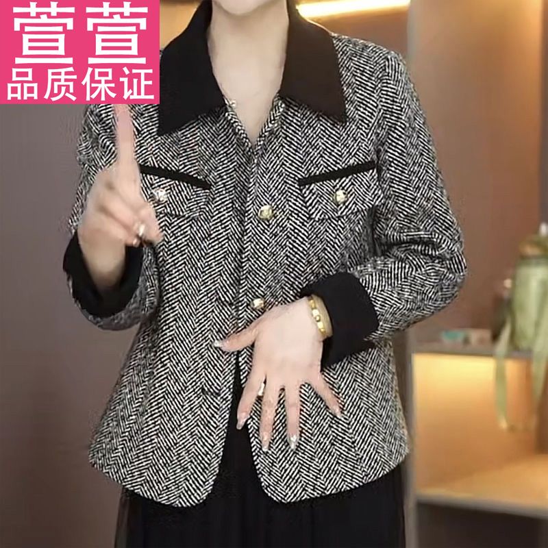 高檔新款小香風外套女正品休閒拼接相色領上衣翻領短款小個子衣服
