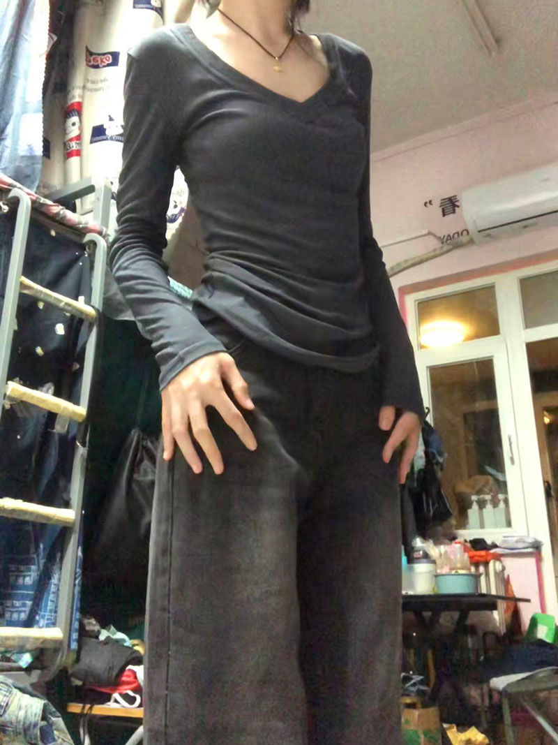 v領辣妹薄款長袖t恤女內搭秋冬修身短款小個子灰色打底衫上衣