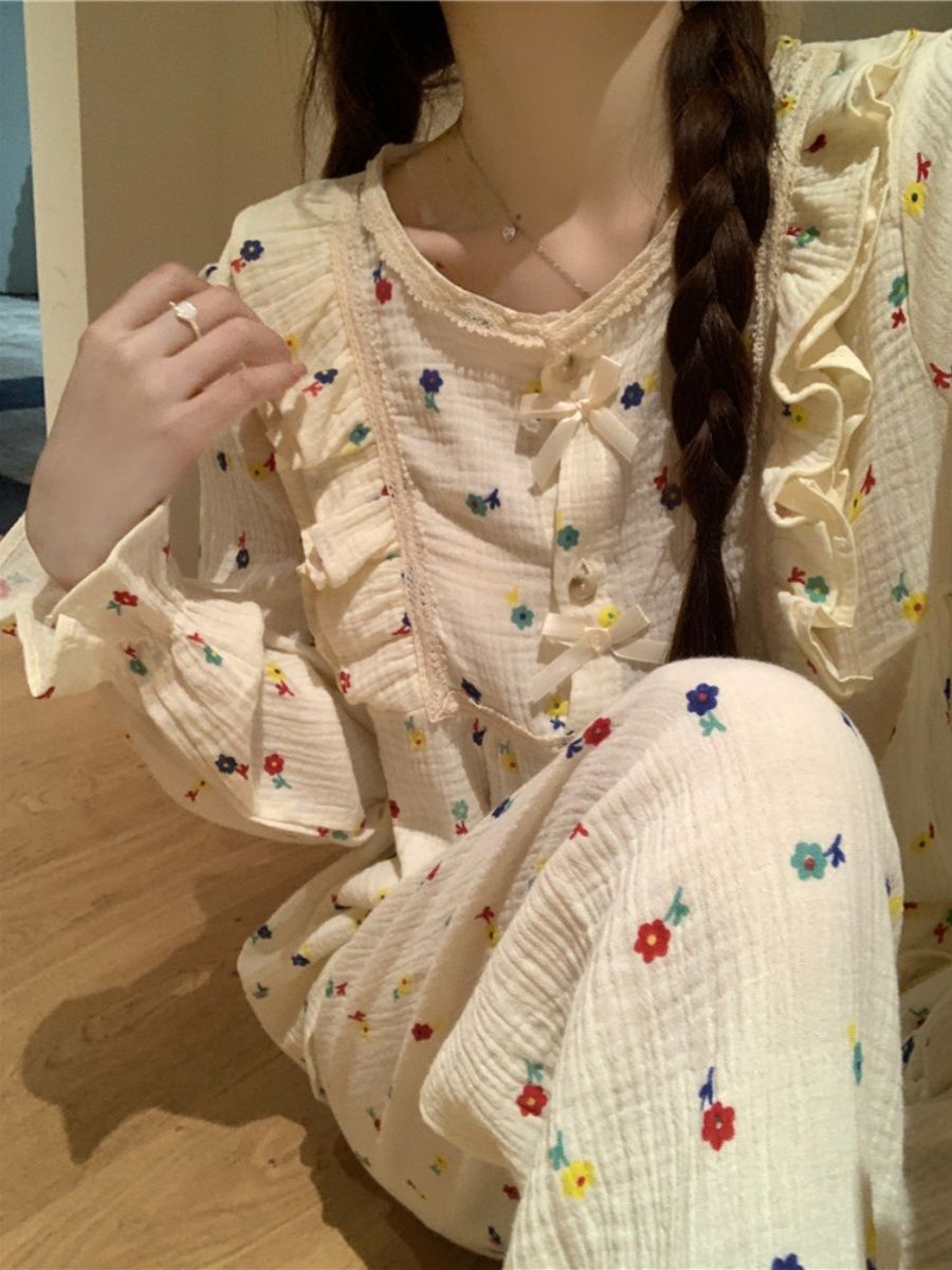 甜美彩色碎花睡衣女春秋季新款公主風荷葉邊長袖長褲家居服兩件套