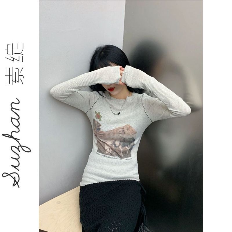 小個子修身顯瘦莫代爾圓領上衣女法式氣質長袖打底印花螺紋t恤衫