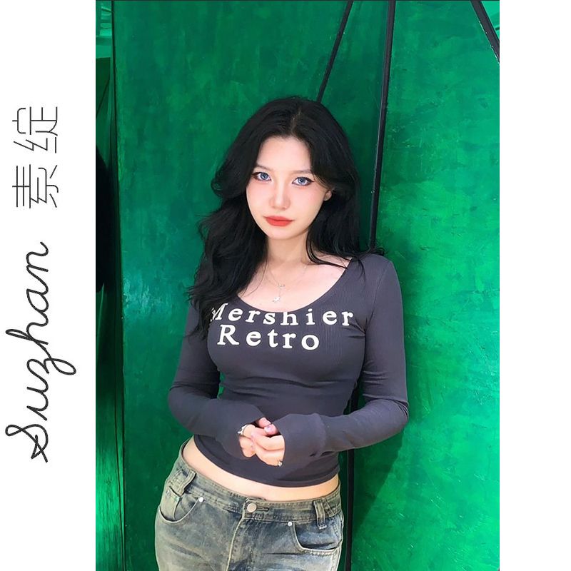 灰色新款字母印花基礎款薄款長袖t恤女秋季氣質內搭打底衫上衣服
