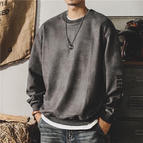American retro buckskin workwear sweatshirt for men  spring and autumn new trendy loose large size casual top