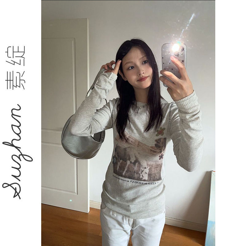小山羊水印花長袖薄款t恤女秋季ins風洋氣時髦顯瘦打底衫顯瘦上衣