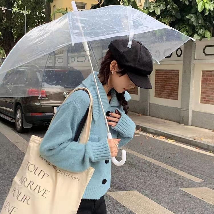 藍色毛衣女2023秋季新款寬鬆韓版軟糯時尚慵懶風針織外套黑扣袋蓋