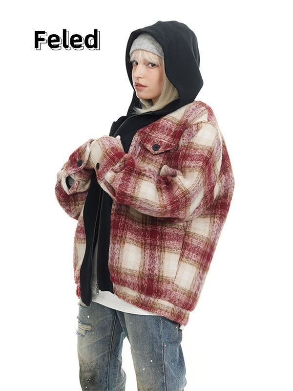 Feila Denton Maillard contrasting color stitching fake two-piece plaid cardigan coat for men and women new loose jacket top