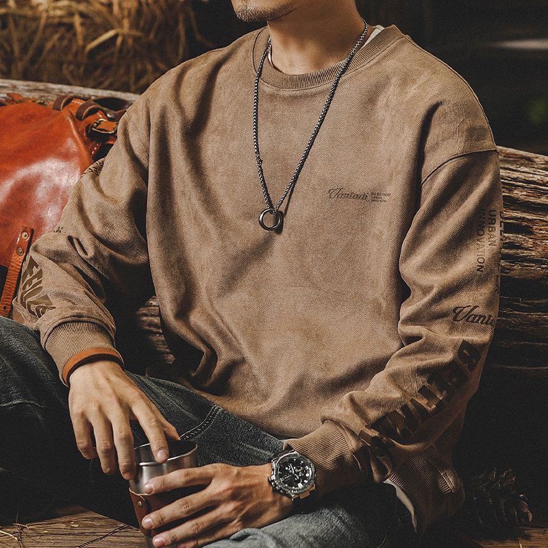 American retro buckskin workwear sweatshirt for men 2023 spring and autumn new trendy loose large size casual top