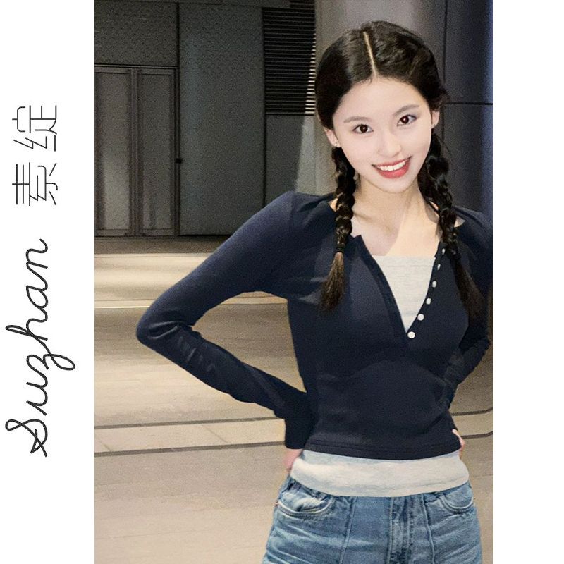純欲風新款顯瘦拼接撞色打底衫上衣女早秋假兩件V領長袖簡約t恤