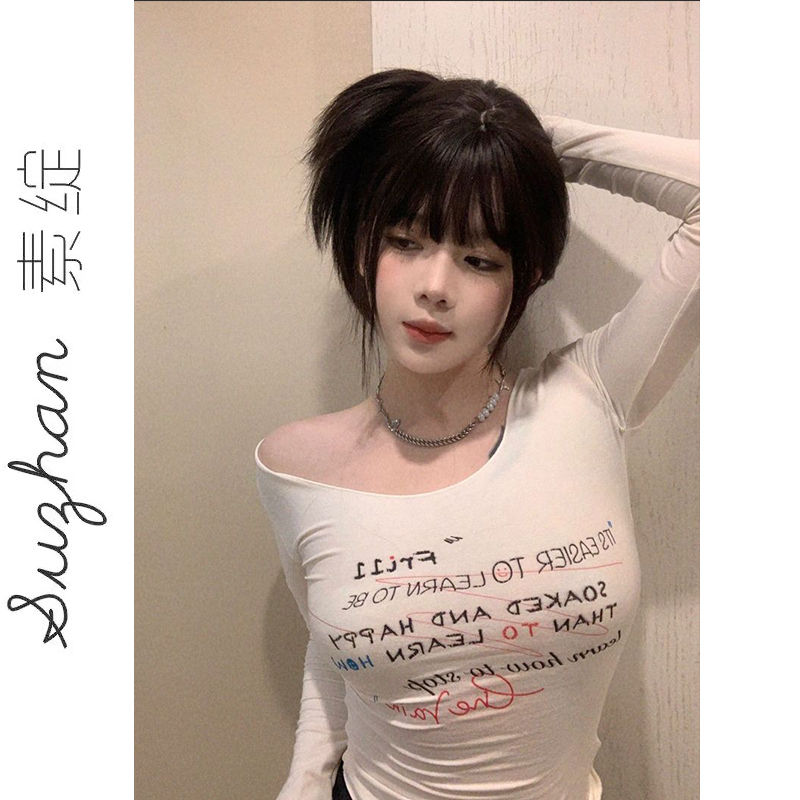 美式復古簡約字母印花短款露臍顯瘦長袖上衣女初秋薄款圓領t恤衫